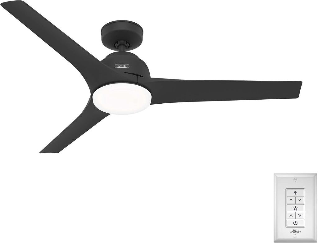 Hunter 52 inch Outdoor or Indoor Ceiling Fan with LED Light - Black Ceiling Fan with Wall Control, For Patio, Garage, or Porch, Quiet, Standard Mount, 3 Blades - Gallegos 51585, Matte Black
