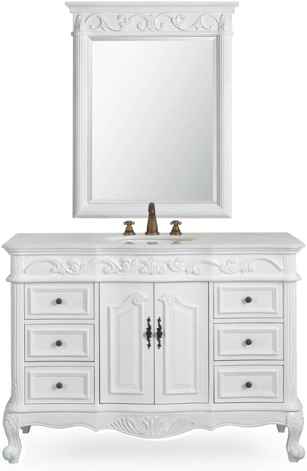 48' Antique White Marble Beckham Bathroom Sink Vanity & Mirror SW3882W-AW-48MIR
