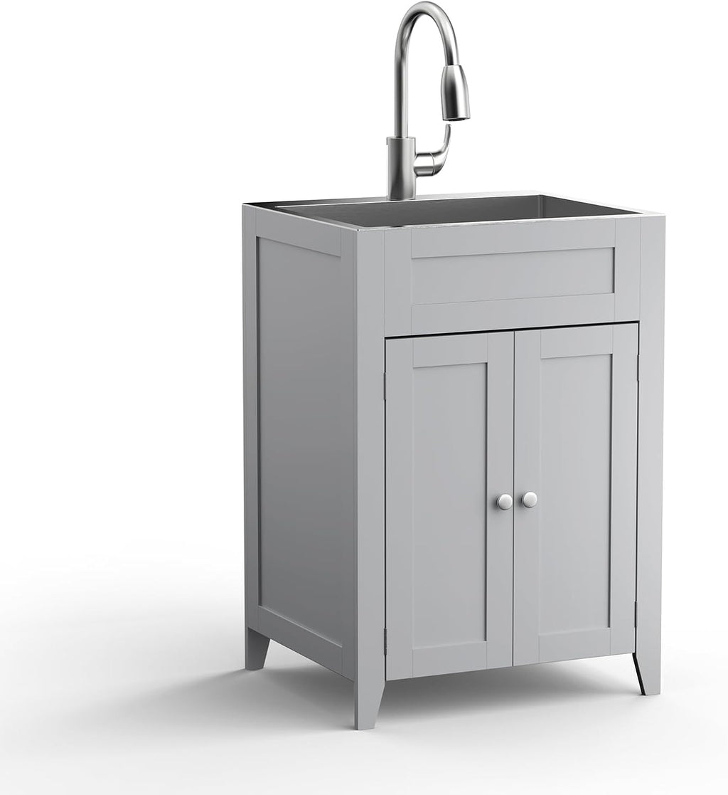VINGLI 24-Inch Laundry Sink with Cabinet and Pull-Out Sprayer Faucet, Stainless Steel Utility Sink with Cabinet, Grey Cabinet with Sink for Laundry & Utility Room, Kitchen, Bathroom, Basement