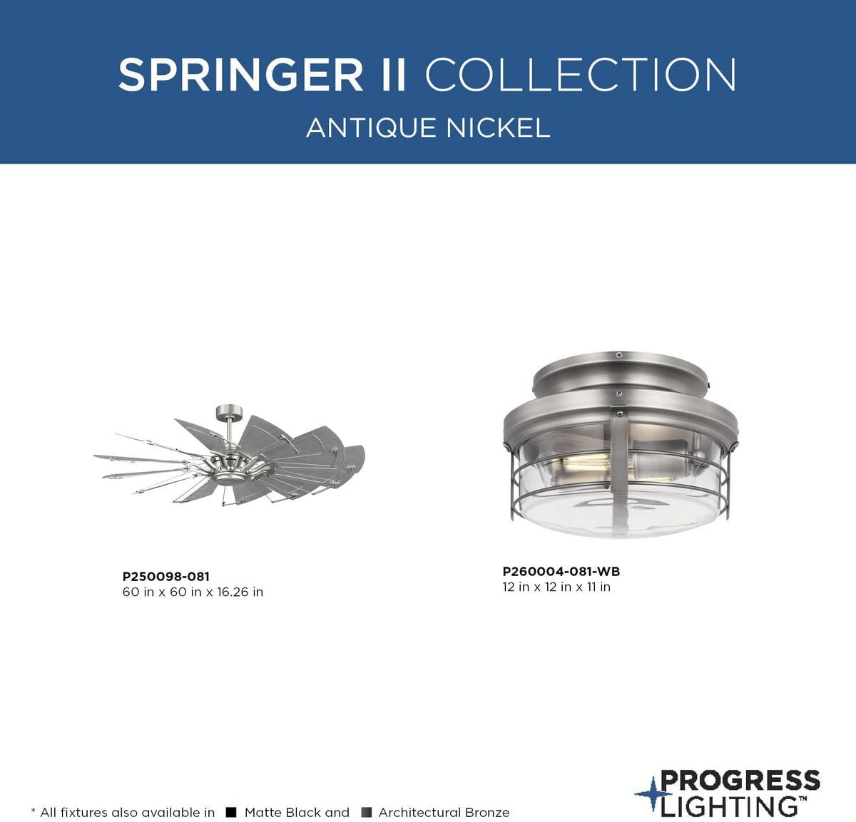 Progress Lighting P250098-081 Springer II - 12 Blade Ceiling Fan in Farmhouse Style-16.26 Inches Tall and 60 Inches Wide, Finish Color: Antique Nickel