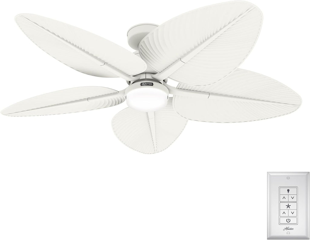 Hunter - Tropic View Indoor/Outdoor Ceiling Fan With Light, Wall Control, 52-inch Coastal-style, 6-speed DC Motor, for porches, patios, sunrooms, bathrooms (Matte White)