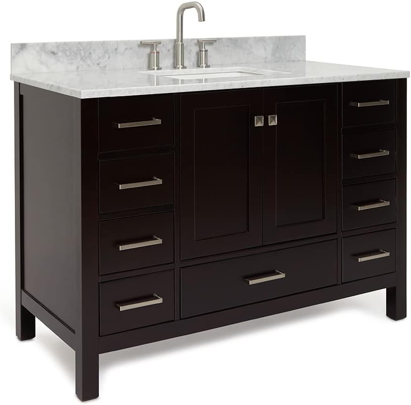 ARIEL Cambridge 48-inch Bathroom Vanity with Sink,Solid Wood, 0.75-inch Italian Carrara Marble Countertop, Single Rectangular Porcelain Sink, 2 Soft Closing Doors, 9 Dovetail Drawers, Espresso