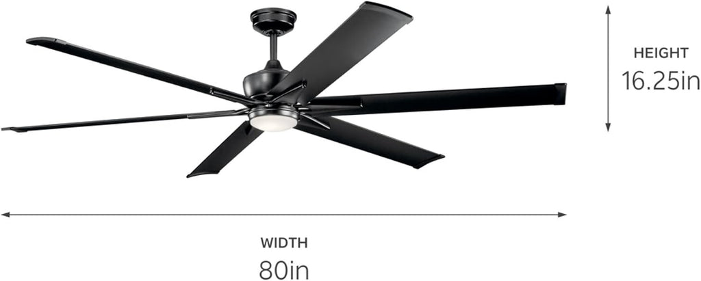 Kichler Szeplo Patio 80' 6 Blade Outdoor Ceiling Fan in a Satin Black finish with an LED Light for Porches and covered Patios, 300301SBK (80' W x 16.25' H)