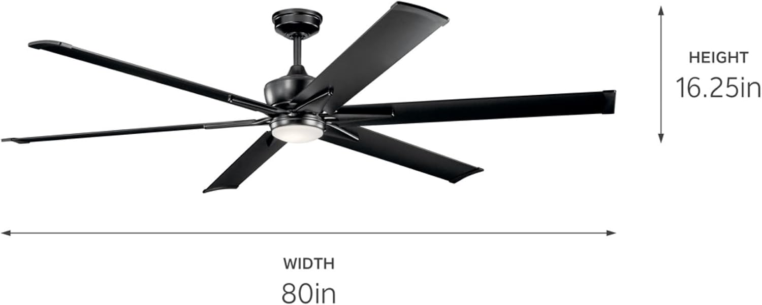 Kichler Szeplo Patio 80' 6 Blade Outdoor Ceiling Fan in a Satin Black finish with an LED Light for Porches and covered Patios, 300301SBK (80' W x 16.25' H)
