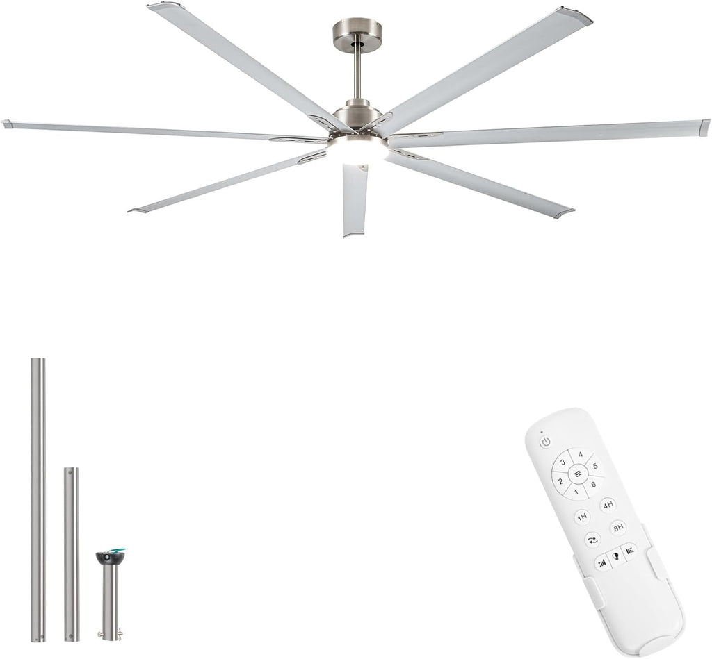 Minislak 96 Inch Industrial Ceiling Fans with Light,Brushed Nickel HVLS Ceiling Fan with 6 Speeds Reversible Motor,High CFM Indoor/Outdoor Ceiling Fan with 7 Aluminum Blades for Barn shop,Commercial