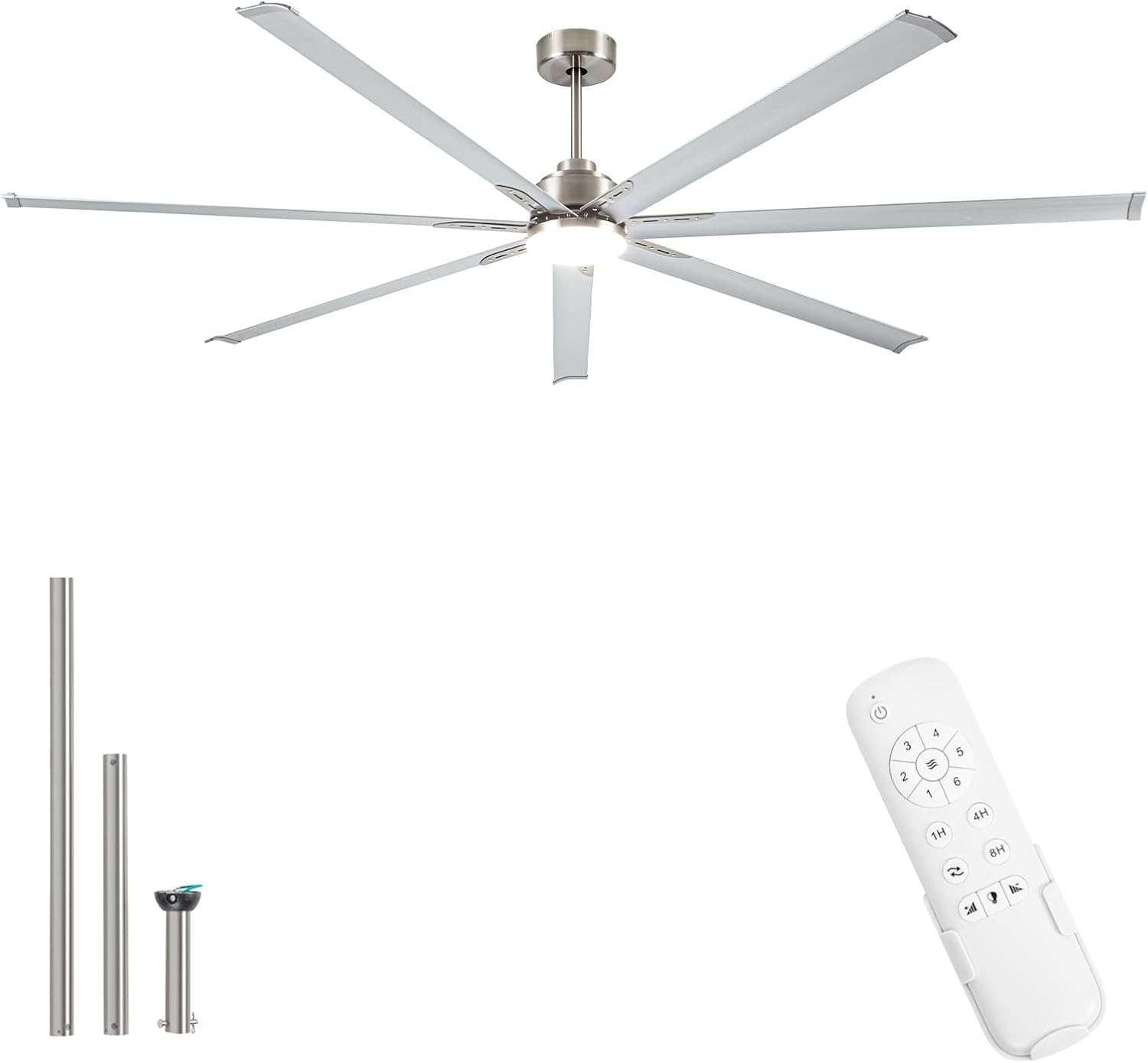 Minislak 96 Inch Industrial Ceiling Fans with Light,Brushed Nickel HVLS Ceiling Fan with 6 Speeds Reversible Motor,High CFM Indoor/Outdoor Ceiling Fan with 7 Aluminum Blades for Barn shop,Commercial