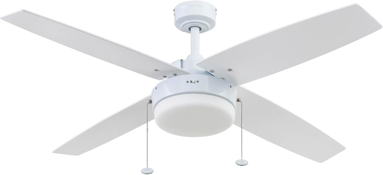 Prominence Home Memphis, 52 Inch Contemporary Indoor LED Ceiling Fan with Light, Pull Chain, Dual Mounting Options, 4 Dual Finish Blades, Reversible Motor - 51651-01 (Bright White)