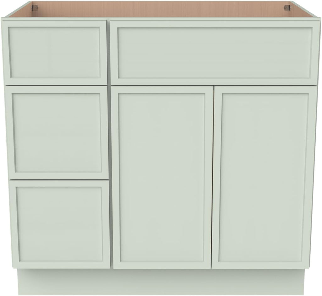 Solid Wood RTA Bathroom Vanity Sink Base Cabinet Sink Storage Cabinet with 2 Doors and 3 Left Drawers, Freestanding Bathroom Cabinet（Jade Green, 36'W × 21'D × 34-1/2'H