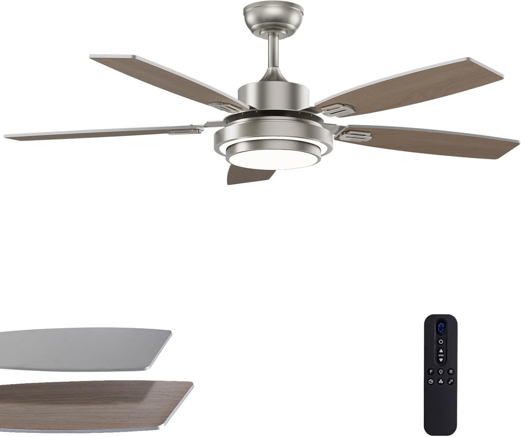 52 Inch Nickel Ceiling Fans with Lights and Remote Control for Bedroom, Modern Ceiling Fan with Quiet Reversible DC Motor, 3CCT, Dimmable, LED for Living Room, Patio, Indoor and Outdoor