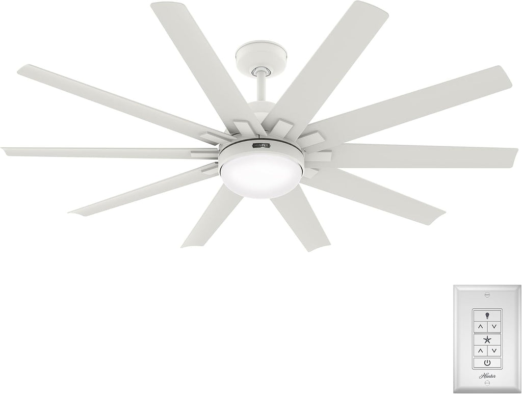 Hunter 60 inch Outdoor or Indoor Ceiling Fan with LED Light - White Ceiling Fan with Wall Control, For Patio, Garage, or Porch, Quiet, Standard Mount, 10 Blades - Overton 50720, Matte White
