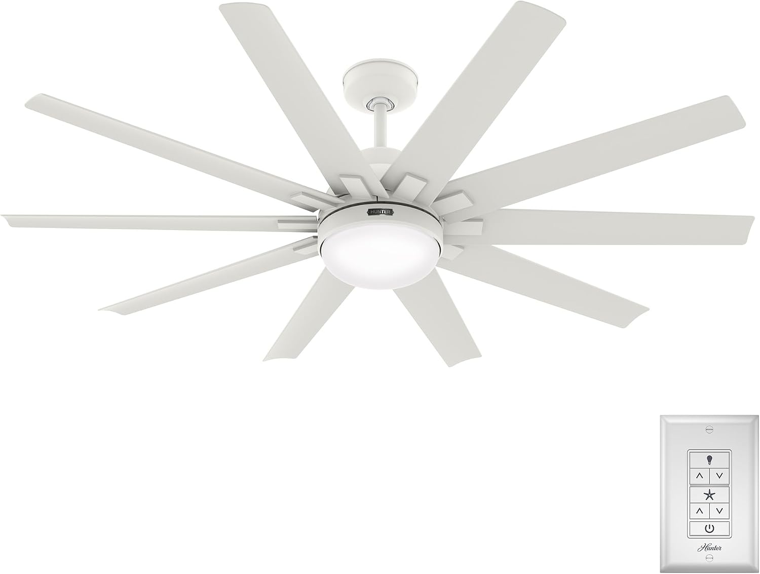 Hunter 60 inch Outdoor or Indoor Ceiling Fan with LED Light - White Ceiling Fan with Wall Control, For Patio, Garage, or Porch, Quiet, Standard Mount, 10 Blades - Overton 50720, Matte White