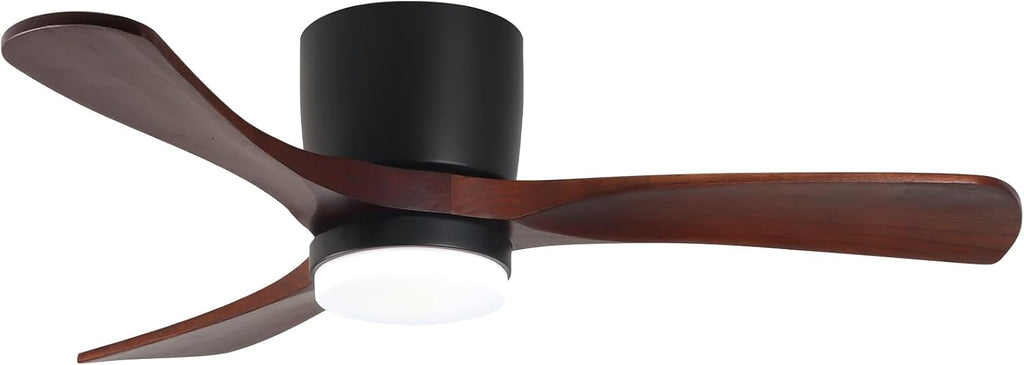 GESUM 42' Ceiling Fan with Lights Remote Control, Low Profile Ceiling Fan with 3 Walnut Wood Blades, Reversible,Dimmable, Flush Mount Ceiling Fans for Living Room Kitchen Bedroom(Black+Walnut)