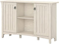 Pemberly Row Farmhouse Engineered Wood Storage Cabinet, Antique White Finish, 2 Doors, Adjustable Shelves, Tumbled Pewter Hardware, 46 in W x 13 in D x 30 in H, Living Room or Home Office Storage