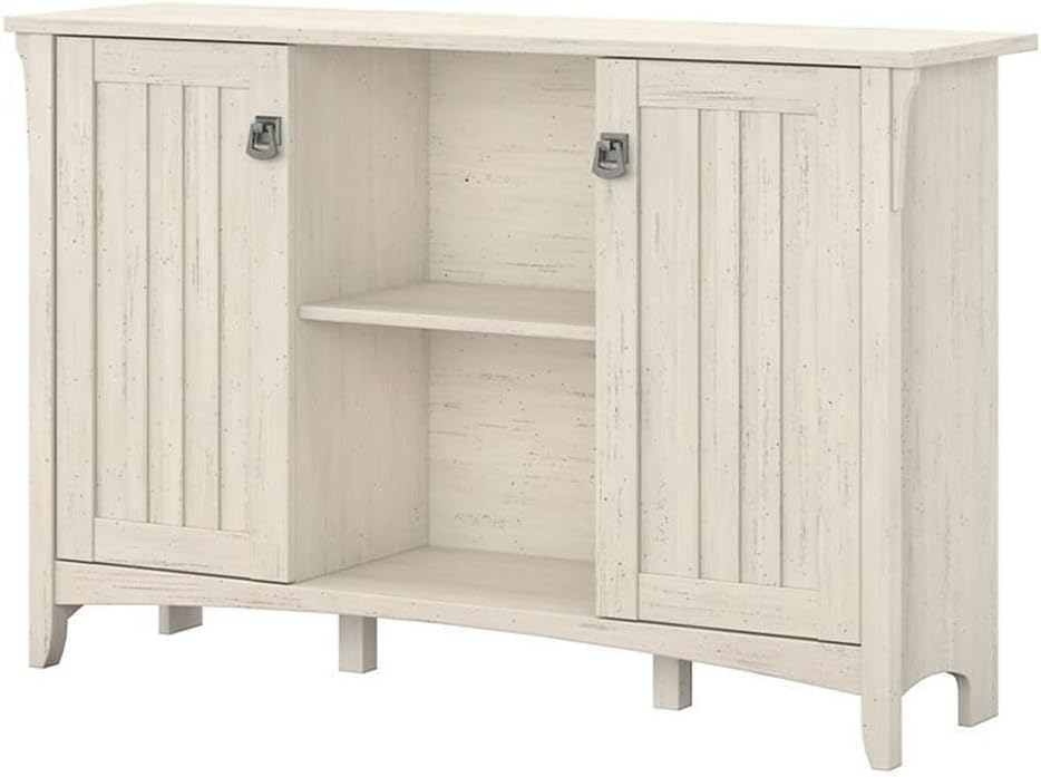 Pemberly Row Farmhouse Engineered Wood Storage Cabinet, Antique White Finish, 2 Doors, Adjustable Shelves, Tumbled Pewter Hardware, 46 in W x 13 in D x 30 in H, Living Room or Home Office Storage