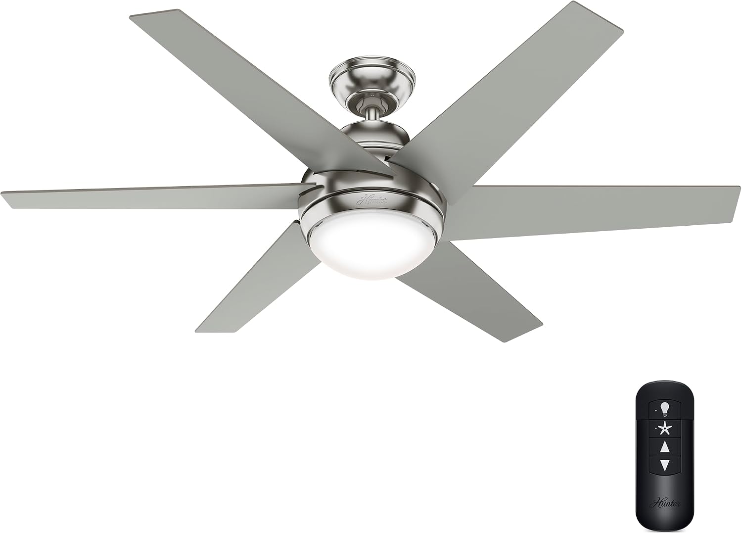 Hunter 52 inch Indoor Ceiling Fan with LED Light and Remote Control - Modern Ceiling Fan, Standard Mount, 6 Blades, For Bedroom, Living Room, or Kitchen, Quiet - Sotto 50976, Brushed Nickel