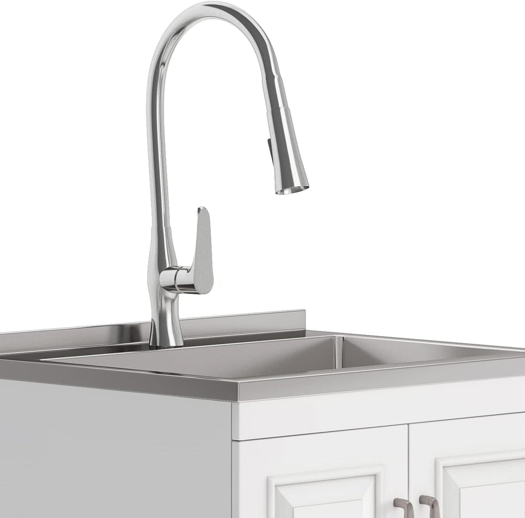 SIMPLIHOME Darwin All-in-One 24 inch Wide Utility Sink and Laundry Cabinet in Pure White Finish, Transitional Stainless Steel Sink Cabinet for Laundry Rooms with High-Arch Chrome Faucet and Storage