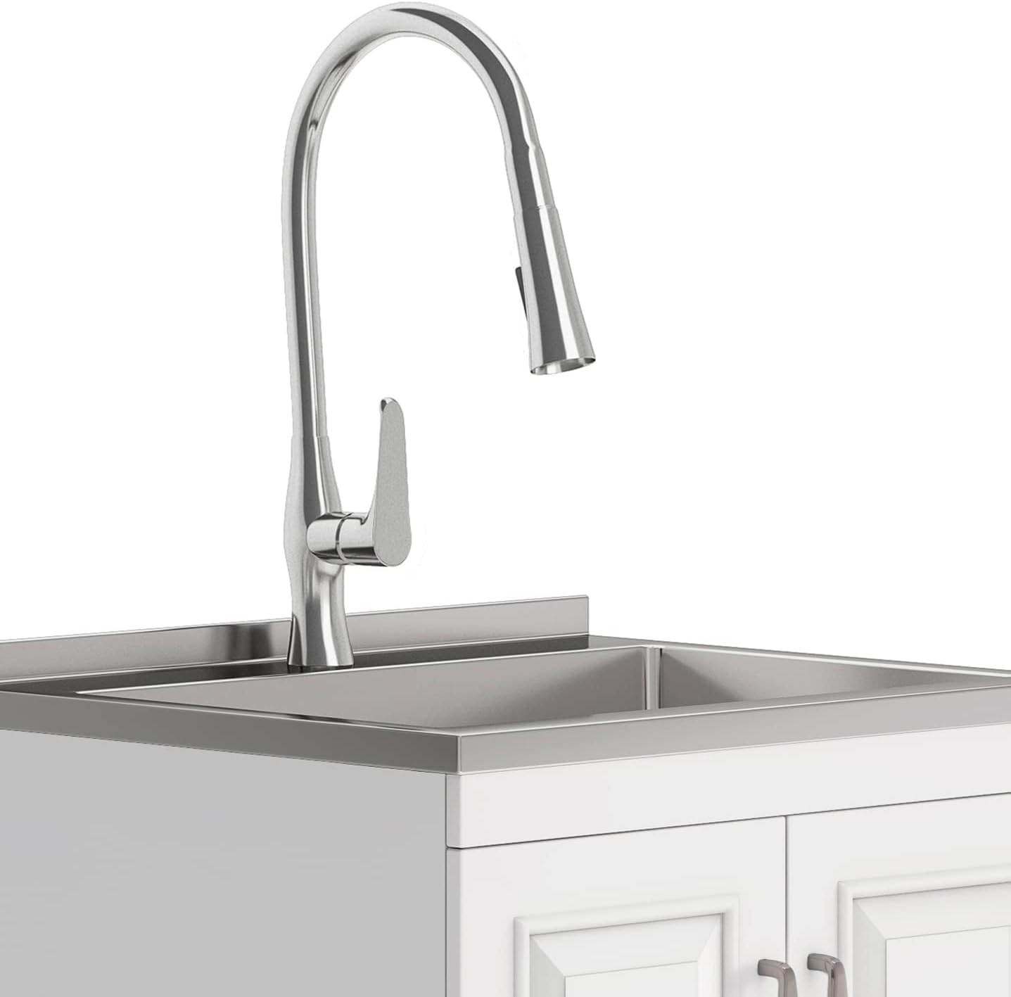SIMPLIHOME Darwin All-in-One 24 inch Wide Utility Sink and Laundry Cabinet in Pure White Finish, Transitional Stainless Steel Sink Cabinet for Laundry Rooms with High-Arch Chrome Faucet and Storage