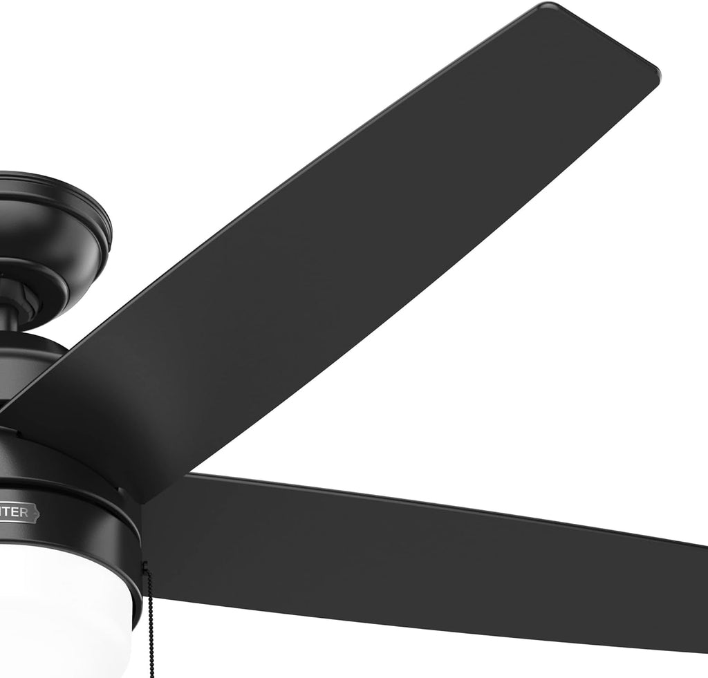 Hunter Fan 52 Inch Matte Black Indoor Ceiling Fan with Light and Pull Chain for Bedroom, Kitchen, Living Room (Renewed)