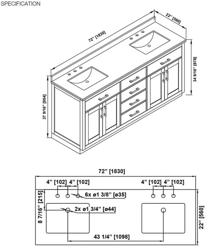 Pemberly Row 72' Double Bathroom Vanity, Matte Black Wood Finish, White Quartz Countertop with 2 Undermount Sinks, Soft-Close Storage, Shaker Style, Power Bar, Master or Guest Bathroom Use