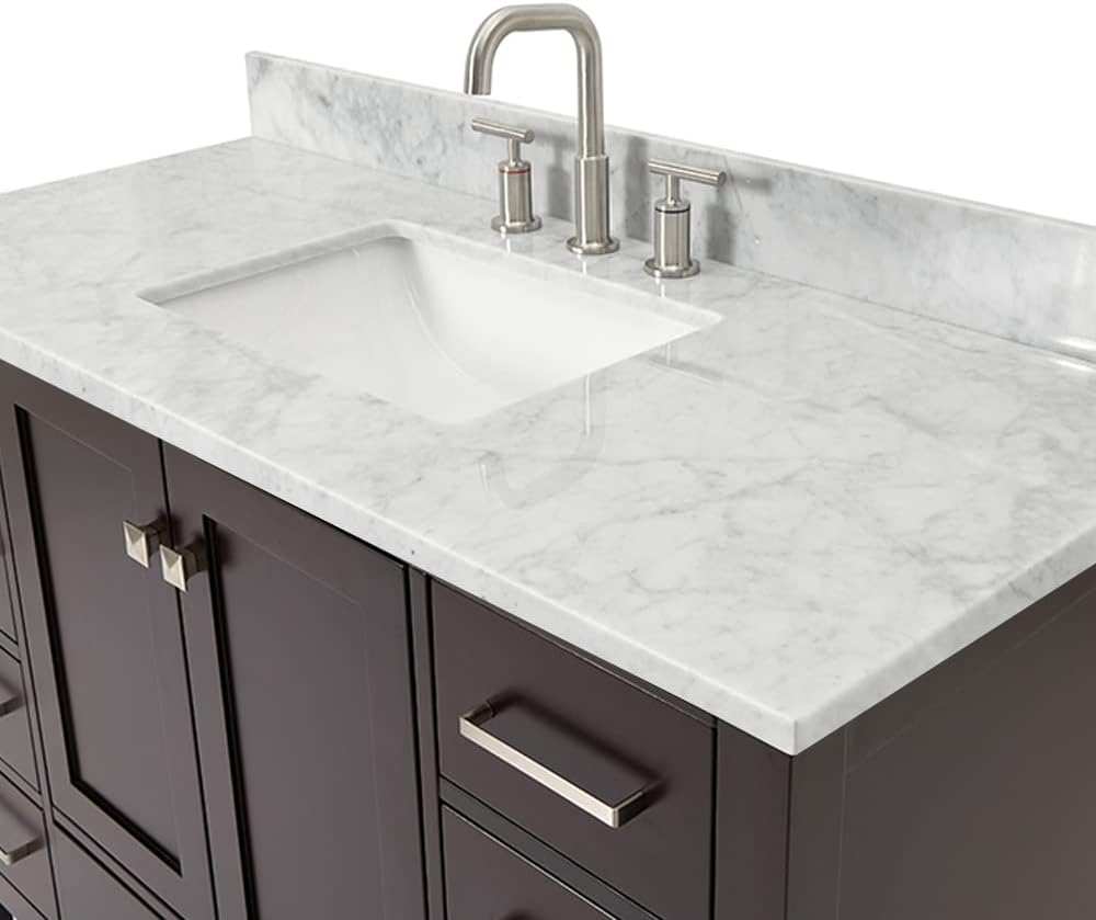 ARIEL Cambridge 48-inch Bathroom Vanity with Sink,Solid Wood, 0.75-inch Italian Carrara Marble Countertop, Single Rectangular Porcelain Sink, 2 Soft Closing Doors, 9 Dovetail Drawers, Espresso