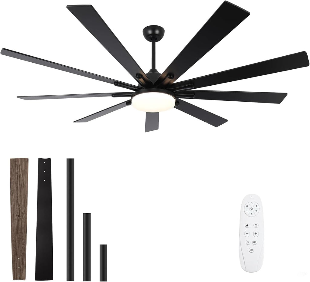 72 Inch Large Outdoor Ceiling Fan, Black Ceiling Fans with Lights and Remote, 9 Fan Blades, Dimmable, Reversible, 6-Speeds, 3-Colors Temperature, for Living Room/Office/Patio