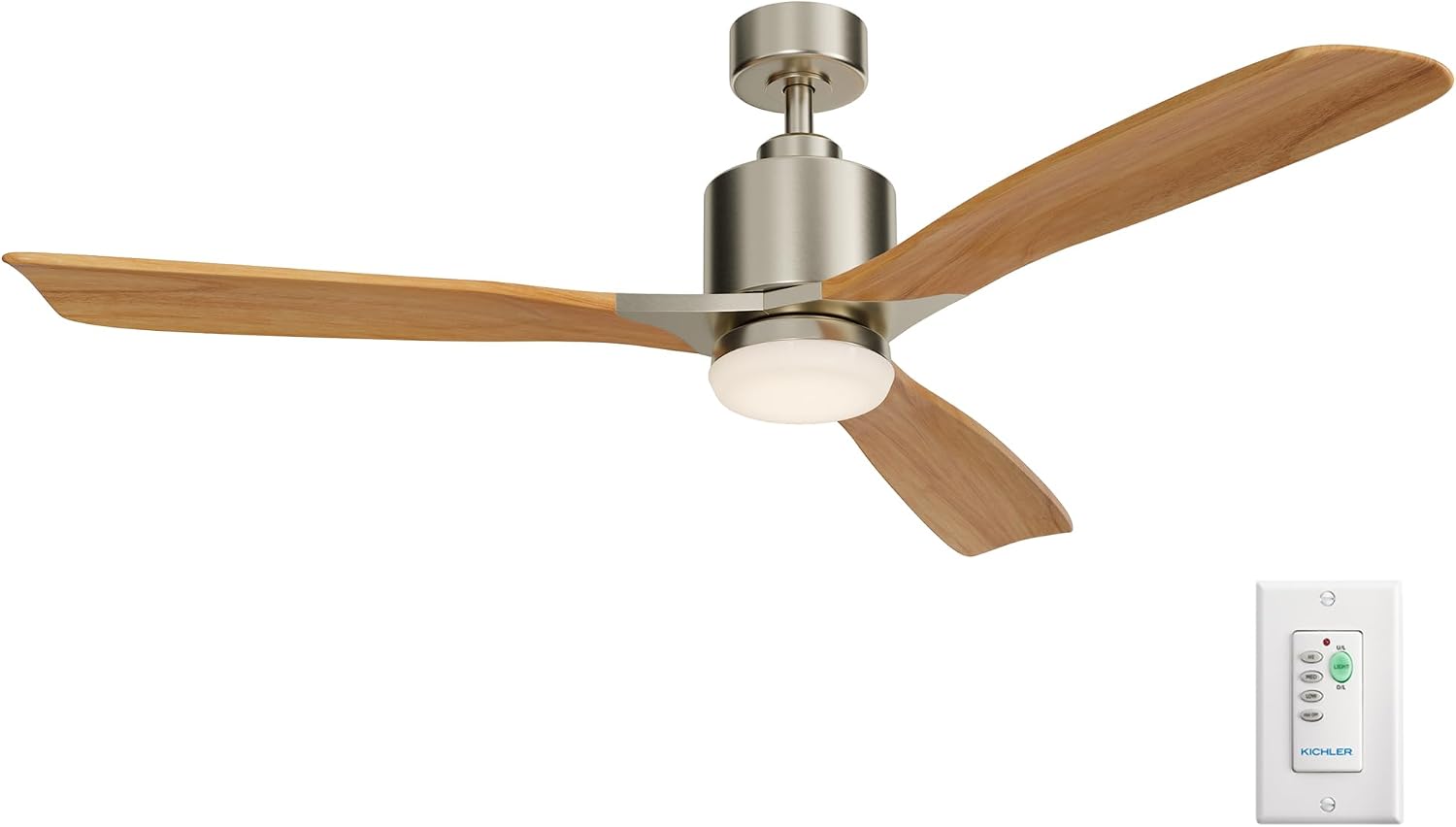 Kichler Ridley II 52 in Ceiling Fan with Light, 3-Blade LED Indoor Fan with Etched Cased Opal Glass in Brushed Stainless Steel, Medium Oak Blades for Living Room, 300027BSS