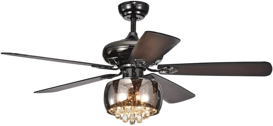 Warehouse of Tiffany CFL-8307 Nettle 3-Light Shaded Glass and Crystal 5-Blade Pear Black Ceiling Fan, 52'