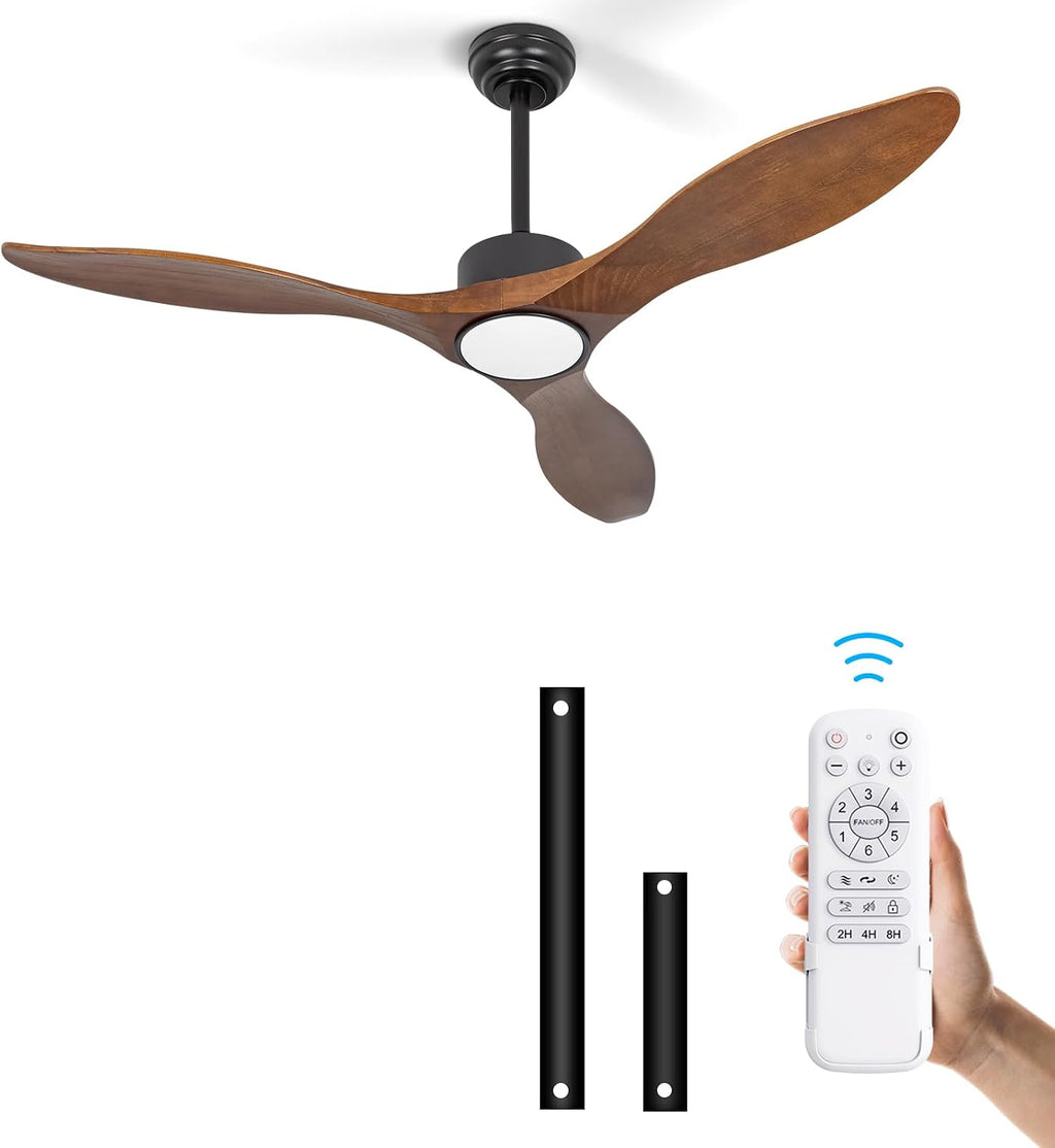 52 Inch Brown Wood Ceiling Fan with Light and Remote, 6 Speed and Reversible DC Motor, 3 Blade Low Profile Flush Mount Mordern Wood Ceiling Fans for Living Room Bedroom Outdoor Patio