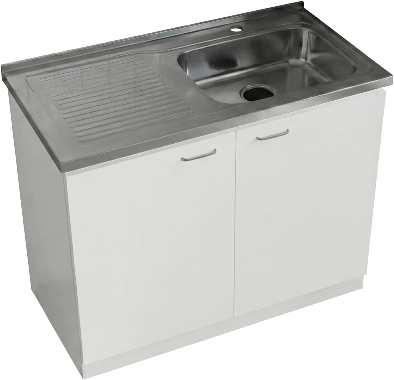 DEPOT E-SHOP Salento Utility Freestanding Sink with Cabinet 35.4' H x 39.3' W - Double Door, Two Shelves, Metal Handles, Aluminum Countertop, White, with Integrated Steel Sink