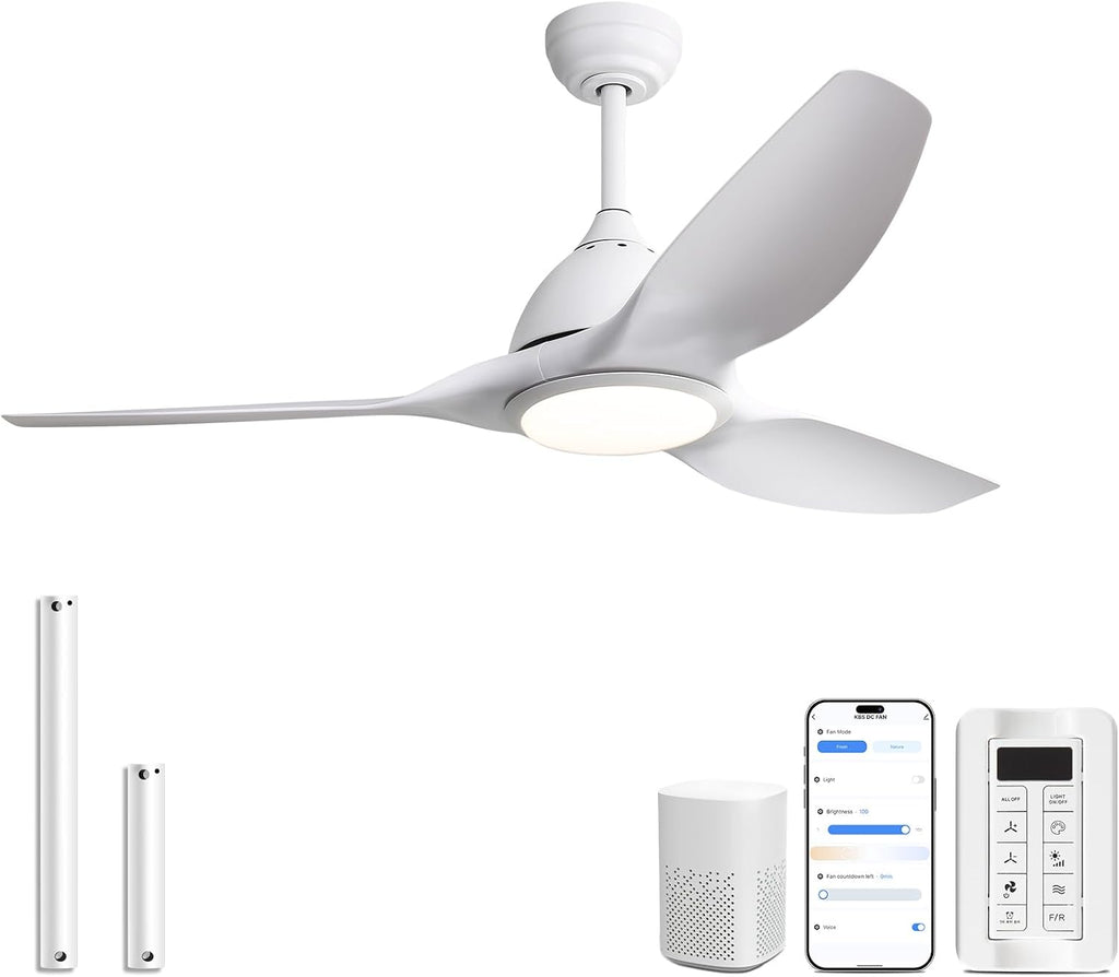 Sofucor 52 Inch Smart Ceiling Fan with Light, Modern Ceiling Fan with 3 Plastic Blade, Quiet, Dimmable, Compatible with Alexa/Google/App, 6 Speeds 7000CFM, Timer Quiet Reversible DC Motor, ETL, White