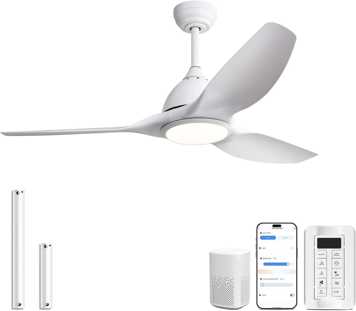 Sofucor 52 Inch Smart Ceiling Fan with Light, Modern Ceiling Fan with 3 Plastic Blade, Quiet, Dimmable, Compatible with Alexa/Google/App, 6 Speeds 7000CFM, Timer Quiet Reversible DC Motor, ETL, White