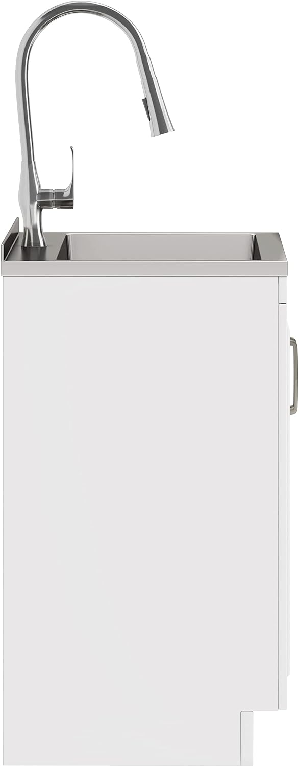 SIMPLIHOME Darwin All-in-One 24 inch Wide Utility Sink and Laundry Cabinet in Pure White Finish, Transitional Stainless Steel Sink Cabinet for Laundry Rooms with High-Arch Chrome Faucet and Storage