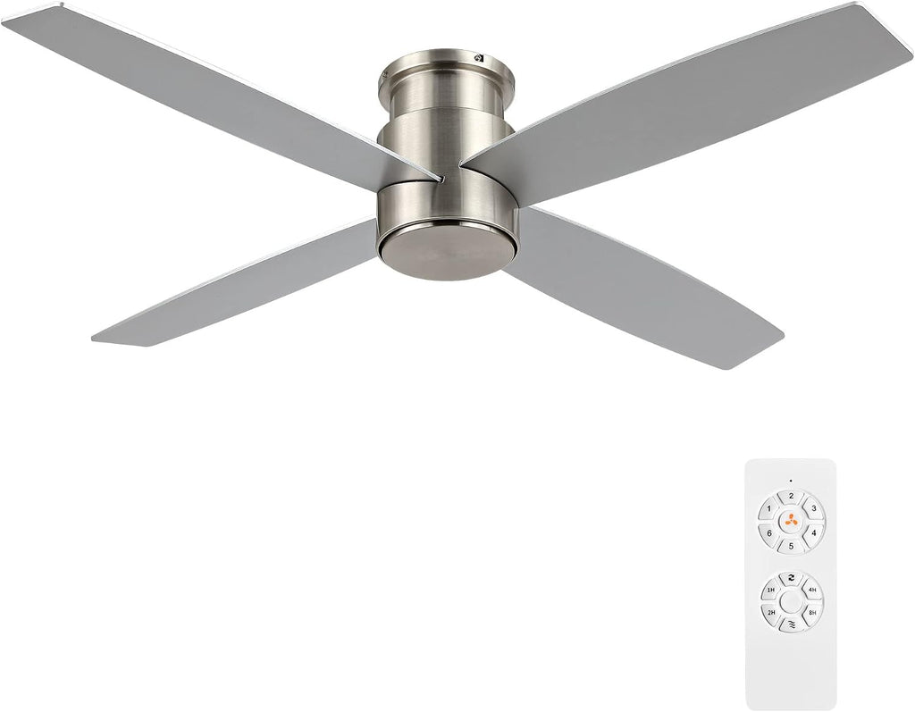 WINGBO 44' Flush Mount DC Ceiling Fan without Lights, 4 Reversible Plywood Blades, Quiet 6-Speed DC Motor, Hugger Low Profile Ceiling Fan No Lights for Bedroom, Brushed Nickel Finish