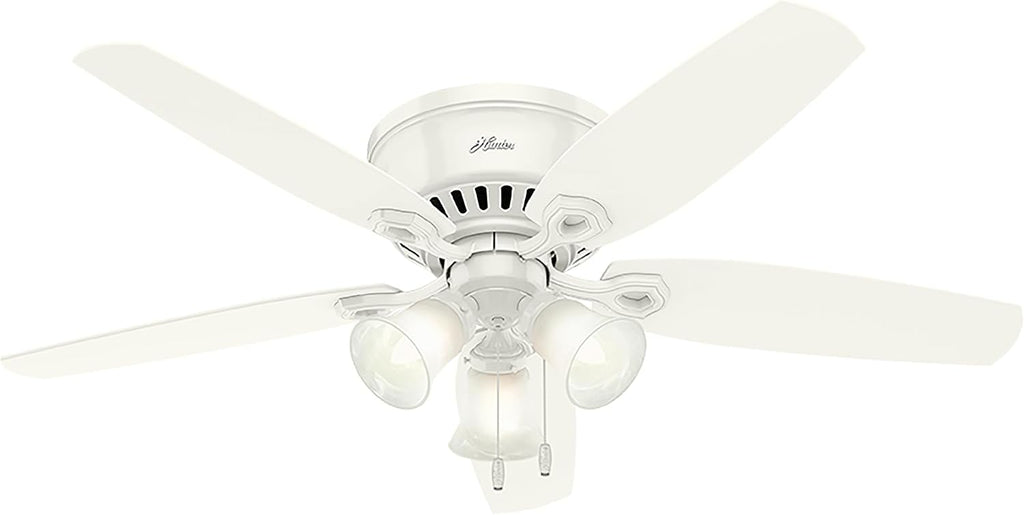Hunter 52 inch Indoor Ceiling Fan with LED Lights - White Ceiling Fan with Pull Chain, For Bedroom, Living Room, or Kitchen, Low Profile Flush Mount, No Remote, 5 Blades - Builder 53326, Snow White