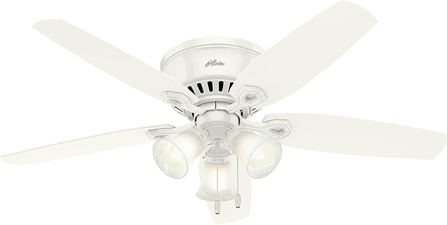 Hunter 52 inch Indoor Ceiling Fan with LED Lights - White Ceiling Fan with Pull Chain, For Bedroom, Living Room, or Kitchen, Low Profile Flush Mount, No Remote, 5 Blades - Builder 53326, Snow White