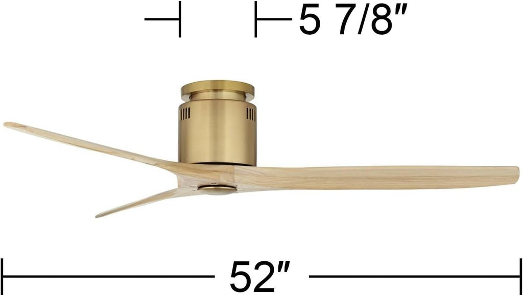 Casa Vieja 52' Windspun Modern Indoor Ceiling Fan 3 Blade Remote Control Soft Brass Finish Wood Blades Bedroom Living Room Kitchen Dining Office Hugger DC Motor Flush Mount Family Shop Low Profile