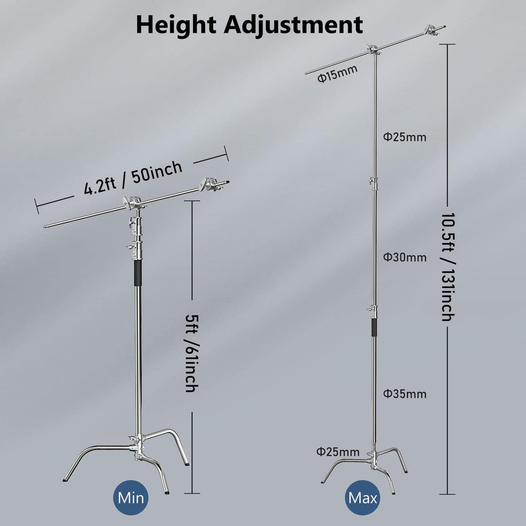 2 Pack Photography C Stand with Boom Arm: 100% Stainless Steel - Max Height 10.5ft/131inch Heavy Duty Light Stand, with 4.2ft/50inch Holding Arm, Grip Head, Sandbag, Backdrop Clamp
