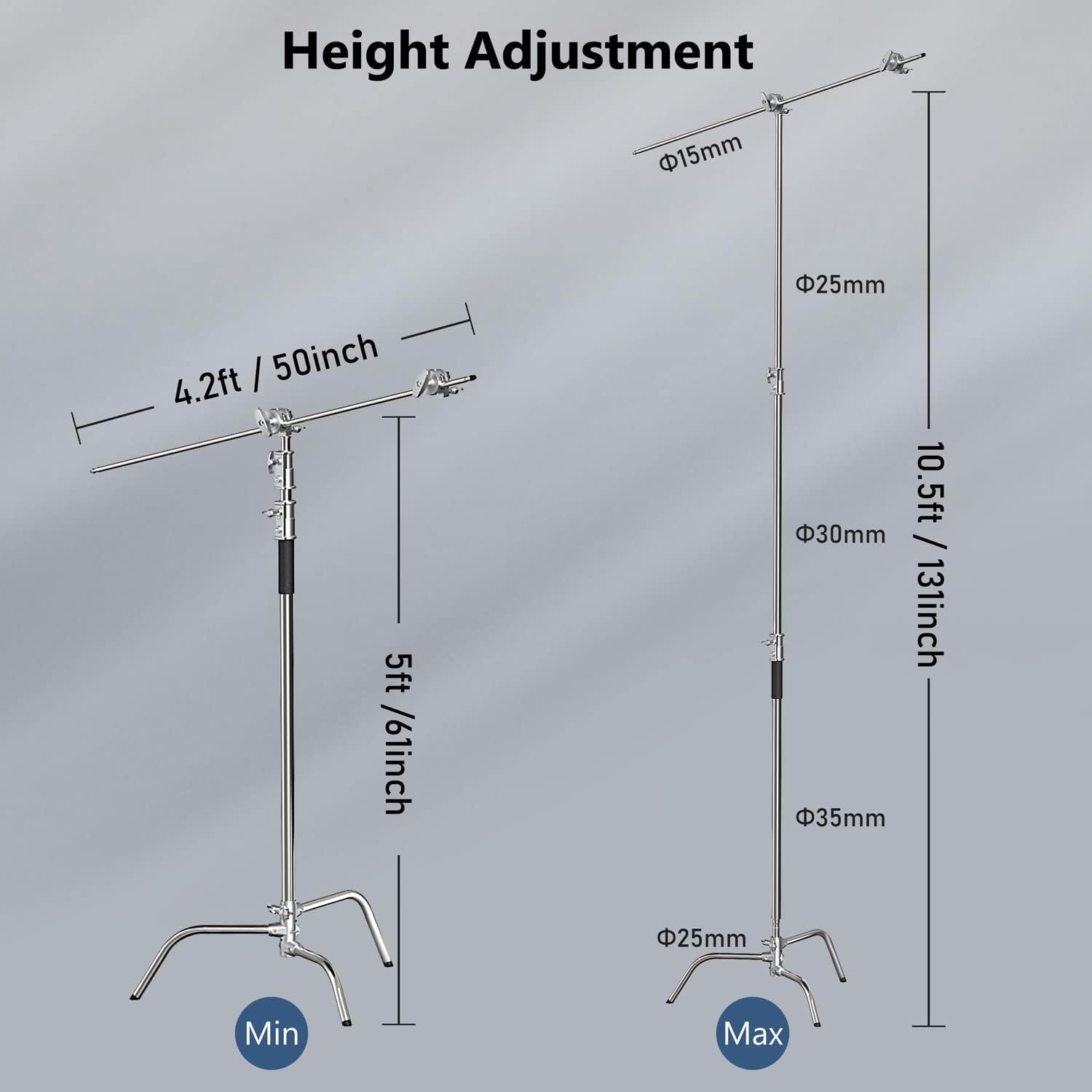 2 Pack Photography C Stand with Boom Arm: 100% Stainless Steel - Max Height 10.5ft/131inch Heavy Duty Light Stand, with 4.2ft/50inch Holding Arm, Grip Head, Sandbag, Backdrop Clamp