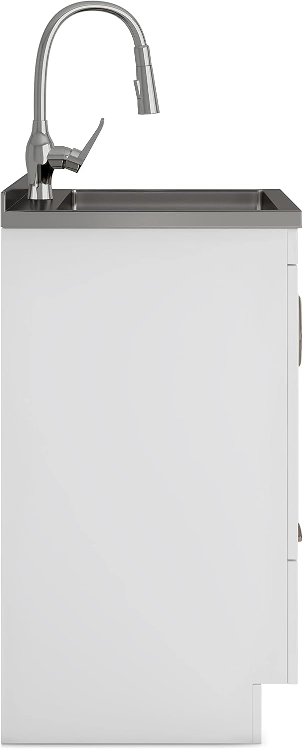 SIMPLIHOME Reed All-in-One 24 inch Wide Utility Sink and Laundry Cabinet in Pure White Finish, Transitional Stainless Steel Sink Cabinet for Laundry Rooms with High-Arch Chrome Faucet and Storage