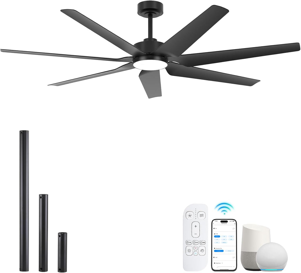 65 Inch All-Weather Outdoor Ceiling Fan with Light and Remote wet-rated, High CFM, Smart Alexa/App Control Energy Efficient & Quiet DC Motor, 7 Large Black Waterproof Blade for Patio, Porch, Garage