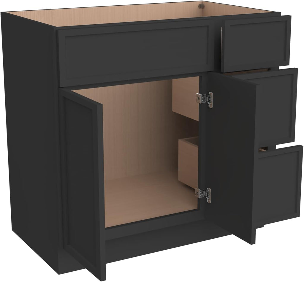 Solid Wood RTA 42' Bathroom Vanity Single-Sink Drawer Base Cabinet Sink Storage Cabinet with Soft-Close 2 Doors and 3 Right Drawers (NT-Charcoal Black, 42' W × 21' D × 34-1/2'H)