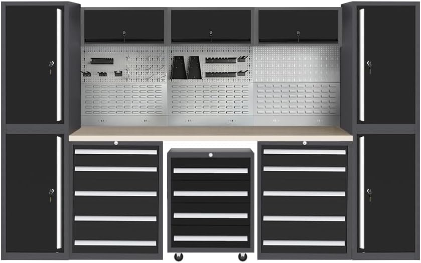 JZD Metal Garage Workshop Cabinet System Set with Drawers, Included One Rolling Tool Cart, No Wall Mounting Needed