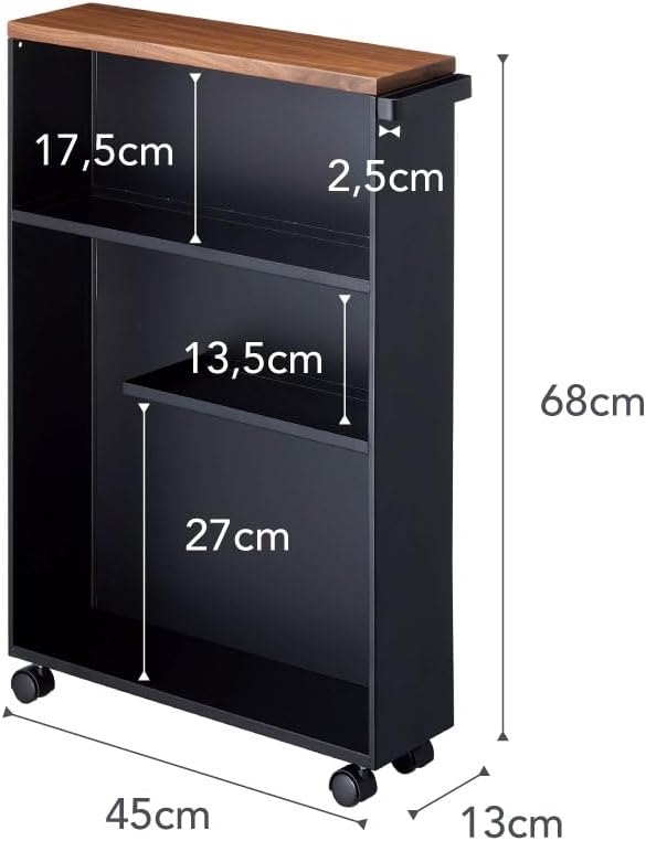 YAMAZAKI Home Slim Rolling Storage Cart – Narrow Bathroom Storage Cabinet with Handle, Slim Bathroom Storage Cart with Wheels, Easy Assembly, Steel + Wood, Black
