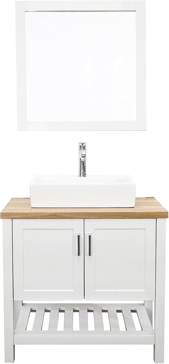 32' Vintage Bathroom Vanity with Sink and Mirror, Farmhouse Bathroom Vanity Set with 2 Doors & Open Storage Shelf for Guest Baths Master Suites or Rental Units, Set