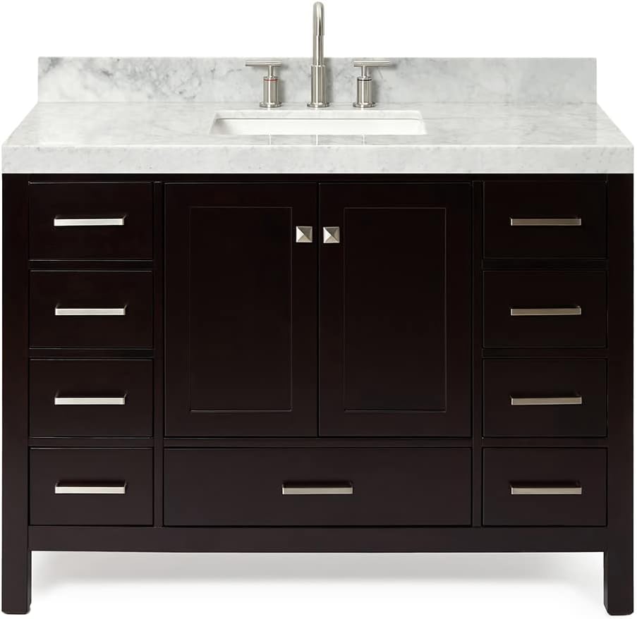 ARIEL Cambridge 48-inch Bathroom Vanity with Sink,Solid Wood, 2-inch Italian Carrara Marble Countertop, Single Rectangular Porcelain Sink, 2 Soft Closing Doors, 9 Dovetail Drawers, Espresso