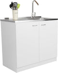 DEPOT E-SHOP Salento Utility Freestanding Sink with Cabinet 35.4' H x 39.3' W - Double Door, Two Shelves, Metal Handles, Aluminum Countertop, White, with Integrated Steel Sink
