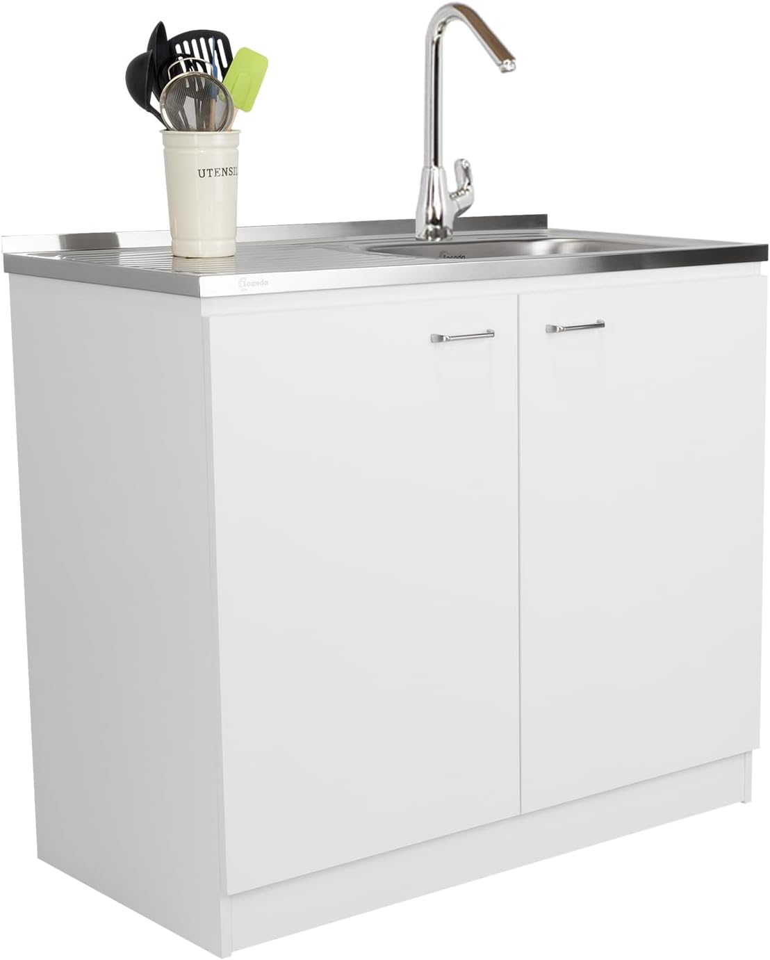 DEPOT E-SHOP Salento Utility Freestanding Sink with Cabinet 35.4' H x 39.3' W - Double Door, Two Shelves, Metal Handles, Aluminum Countertop, White, with Integrated Steel Sink