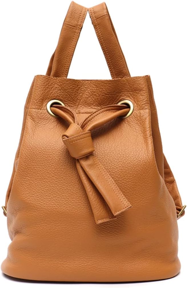 Genuine Leather Backpack Women Fashion Knot Drawstring Casual Shoulder Bag Purse Large School Knapsack(E)