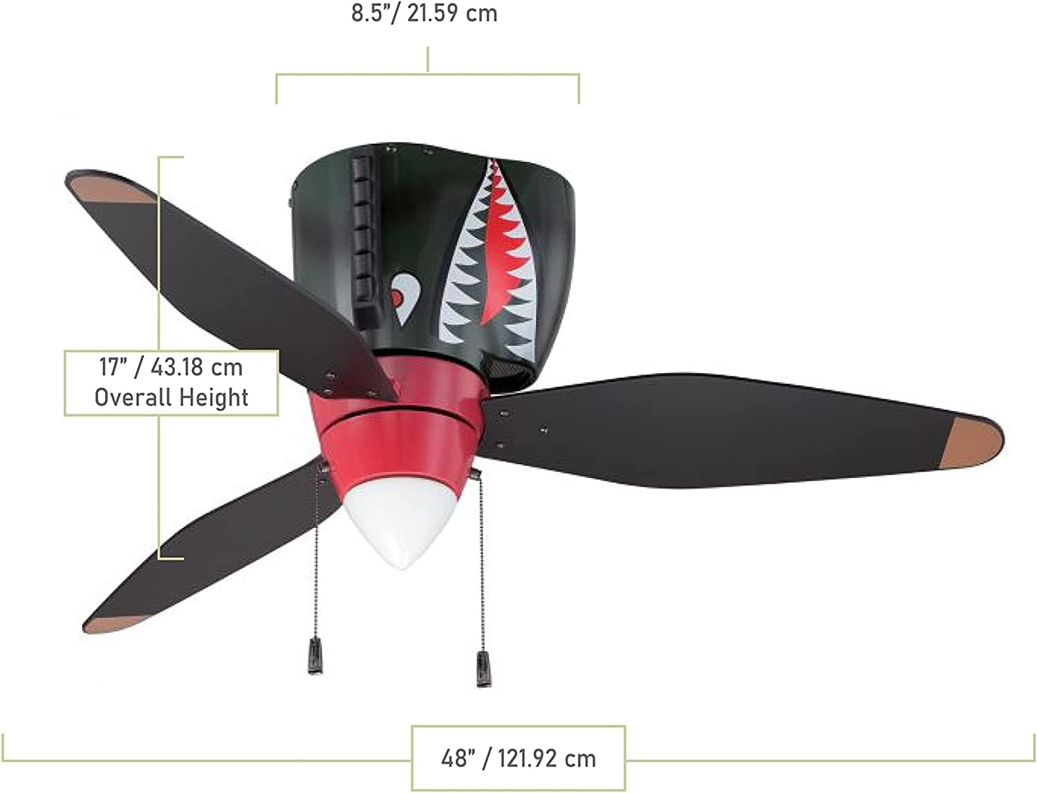 Craftmade 48' War Planes Tiger Shark Indoor Hugger/Flushmount Youth Ceiling Fan in Custom Warbird Black/Tiger Shark Red Finish with Integrated Non-Dimmable LED Light Kit, 1 x 4.5W LED Bulb Included