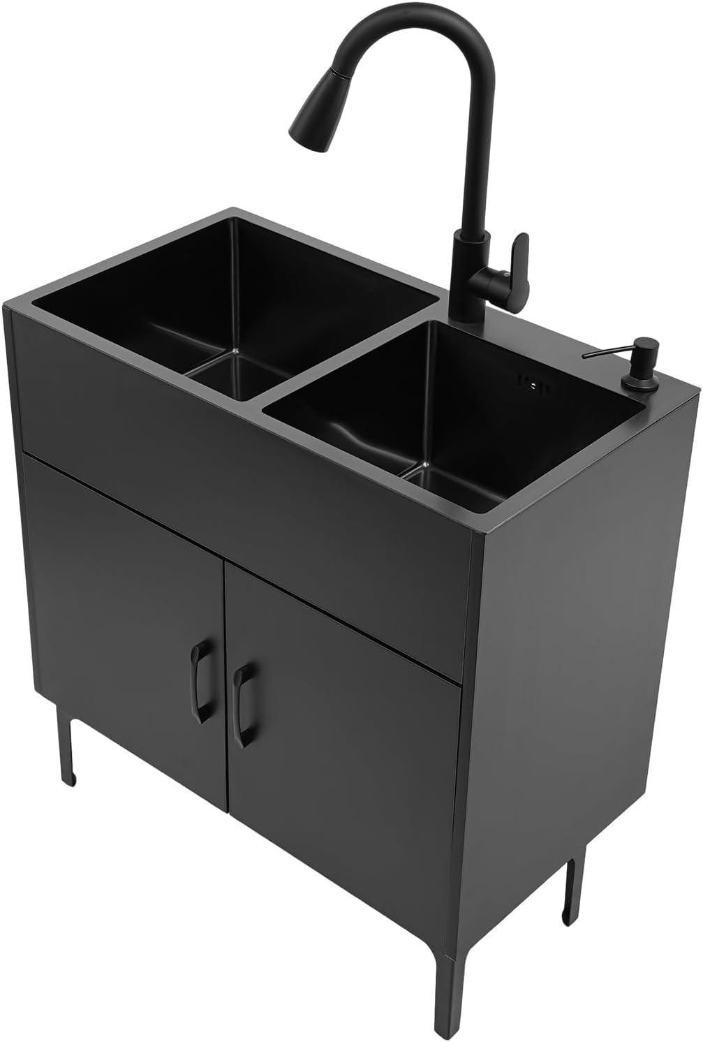 All-in-One Utility Sink & Cabinet, Kitchen Sink and Cabinet Combo Stainless Steel Utility Sink, Black Bathroom Vanity w/Pull-out Faucet & Draining basket for Laundry Utility Room Kitchen Bathroom